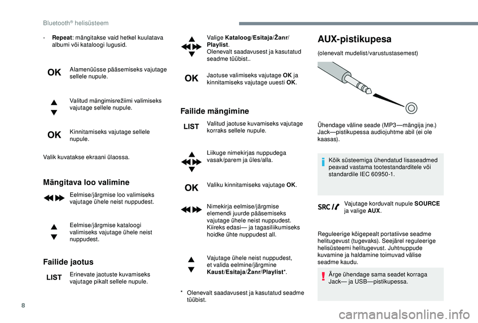 CITROEN C3 AIRCROSS 2019 Kasutusjuhend (in Estonian) 8
- Repeat: mängitakse vaid hetkel kuulatava
albumi või kataloogi lugusid.
Alamenüüsse pääsemiseks vajutage
sellele nupule.
Valitud mängimisrežiimi valimiseks
vajutage sellele nupule.
Kinni CITROEN C3 AIRCROSS 2019 Kasutusjuhend (in Estonian) 8
- Repeat: mängitakse vaid hetkel kuulatava
albumi või kataloogi lugusid.
Alamenüüsse pääsemiseks vajutage
sellele nupule.
Valitud mängimisrežiimi valimiseks
vajutage sellele nupule.
Kinni