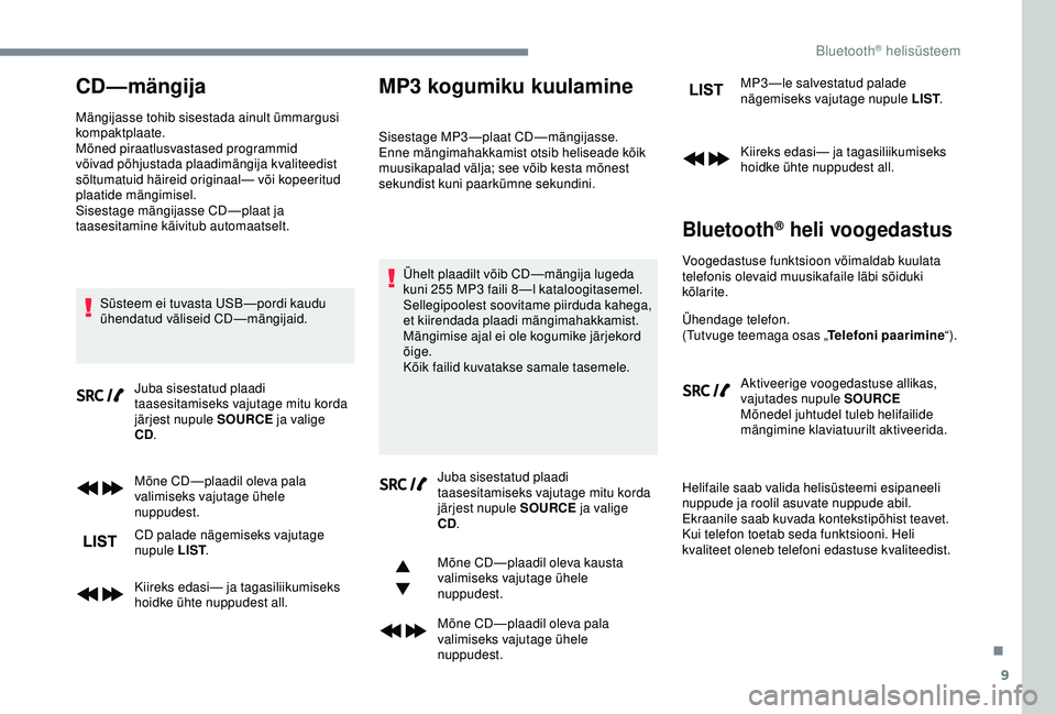 CITROEN C3 AIRCROSS 2019 Kasutusjuhend (in Estonian) 9
CD—mängija
Mängijasse tohib sisestada ainult ümmargusi
kompaktplaate.
Mõned piraatlusvastased programmid
võivad põhjustada plaadimängija kvaliteedist
sõltumatuid häireid originaal— v CITROEN C3 AIRCROSS 2019 Kasutusjuhend (in Estonian) 9
CD—mängija
Mängijasse tohib sisestada ainult ümmargusi
kompaktplaate.
Mõned piraatlusvastased programmid
võivad põhjustada plaadimängija kvaliteedist
sõltumatuid häireid originaal— v