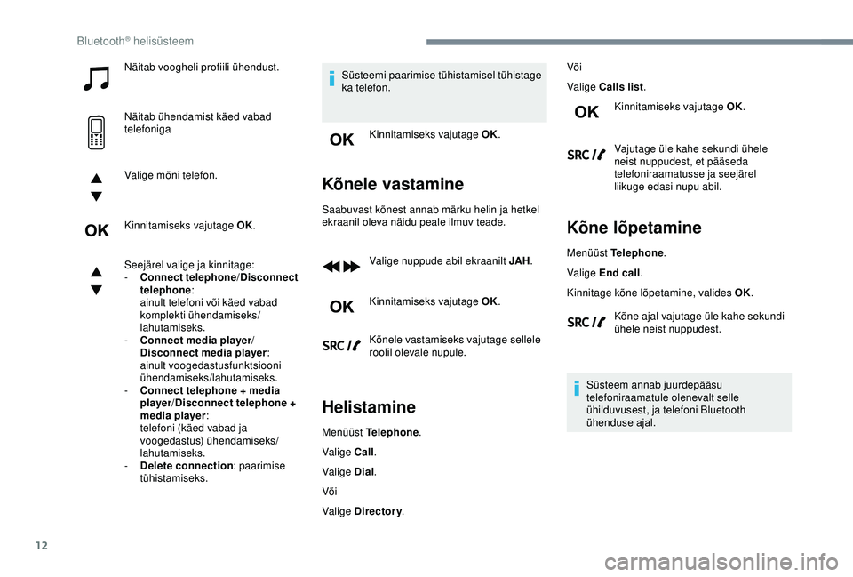 CITROEN C3 AIRCROSS 2019 Kasutusjuhend (in Estonian) 12
Näitab voogheli profiili ühendust.
Näitab ühendamist käed vabad
telefoniga
Valige mõni telefon.
Kinnitamiseks vajutage OK.
Seejärel valige ja kinnitage:
-
C
onnect telephone /Disconnect
CITROEN C3 AIRCROSS 2019 Kasutusjuhend (in Estonian) 12
Näitab voogheli profiili ühendust.
Näitab ühendamist käed vabad
telefoniga
Valige mõni telefon.
Kinnitamiseks vajutage OK.
Seejärel valige ja kinnitage:
-
C
onnect telephone /Disconnect
