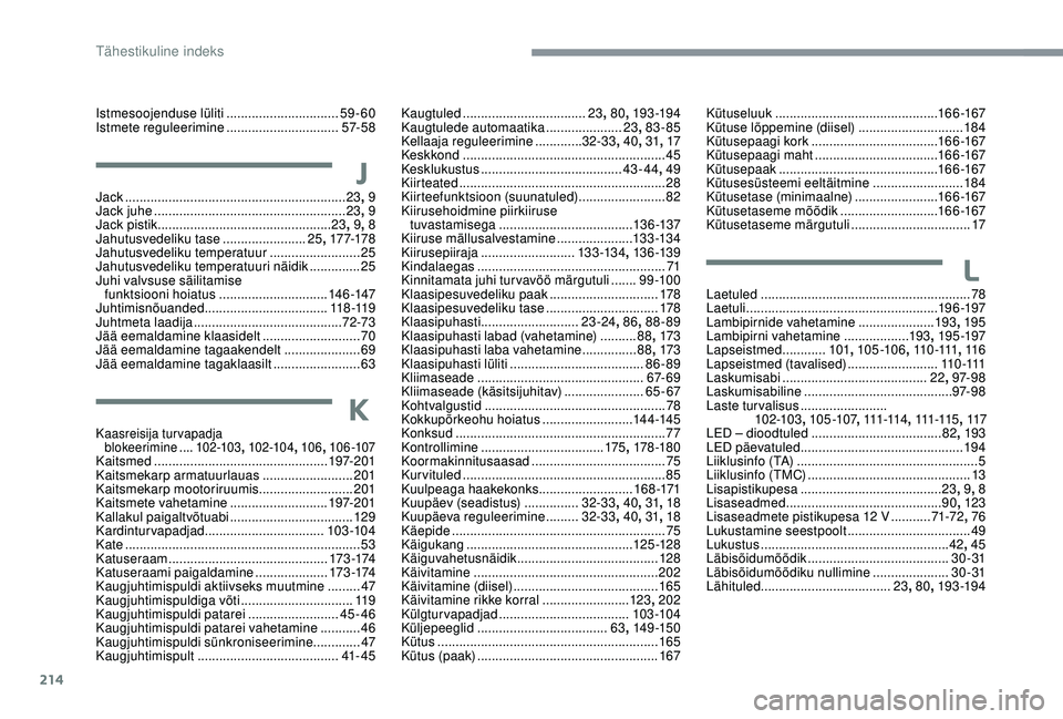 CITROEN C3 AIRCROSS 2019 Kasutusjuhend (in Estonian) 214
Istmesoojenduse lüliti ...............................59 -60
Istmete reguleerimine ...............................57- 5 8
JJack ............................... ..............................23, CITROEN C3 AIRCROSS 2019 Kasutusjuhend (in Estonian) 214
Istmesoojenduse lüliti ...............................59 -60
Istmete reguleerimine ...............................57- 5 8
JJack ............................... ..............................23,