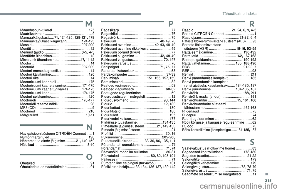 CITROEN C3 AIRCROSS 2019 Kasutusjuhend (in Estonian) 215
MMaanduspunkt kerel .....................................17 5
Maatriksekraan ................................................. 9
M
anuaalkäigukast
.....71, 124 -125 , 12 9 -131, 179
Manuaalkä CITROEN C3 AIRCROSS 2019 Kasutusjuhend (in Estonian) 215
MMaanduspunkt kerel .....................................17 5
Maatriksekraan ................................................. 9
M
anuaalkäigukast
.....71, 124 -125 , 12 9 -131, 179
Manuaalkä