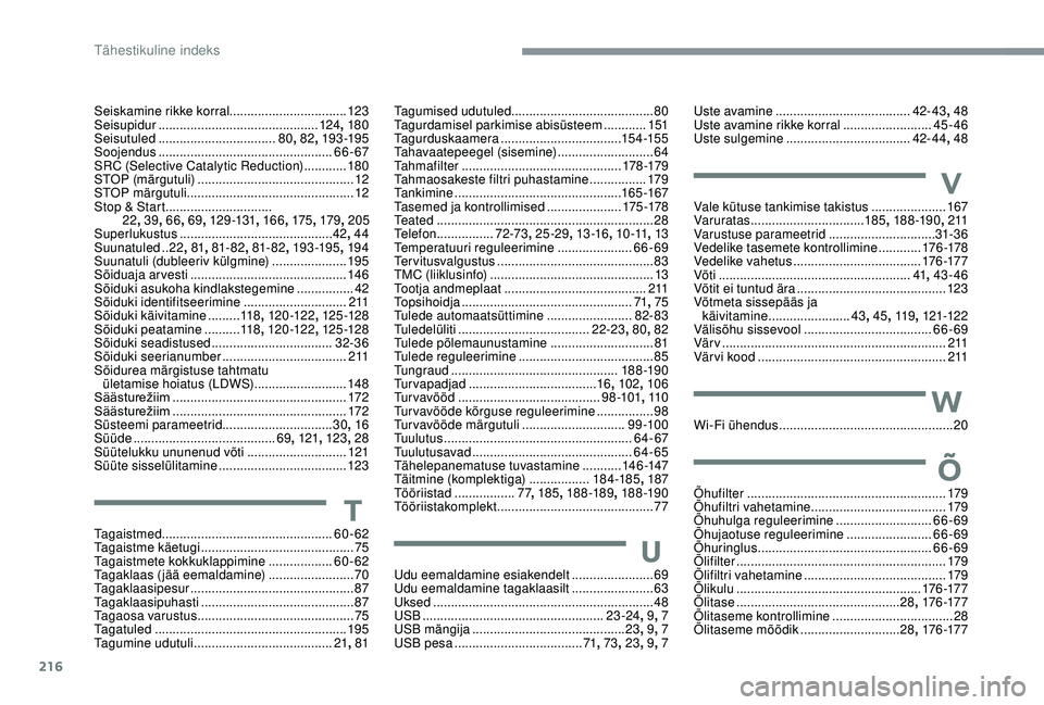 CITROEN C3 AIRCROSS 2019 Kasutusjuhend (in Estonian) 216
Seiskamine rikke korral.................................123
Seisupidur ............................................. 12
4, 18 0
Seisutuled
................................. 80, 82 , 193 -195
So CITROEN C3 AIRCROSS 2019 Kasutusjuhend (in Estonian) 216
Seiskamine rikke korral.................................123
Seisupidur ............................................. 12
4, 18 0
Seisutuled
................................. 80, 82 , 193 -195
So