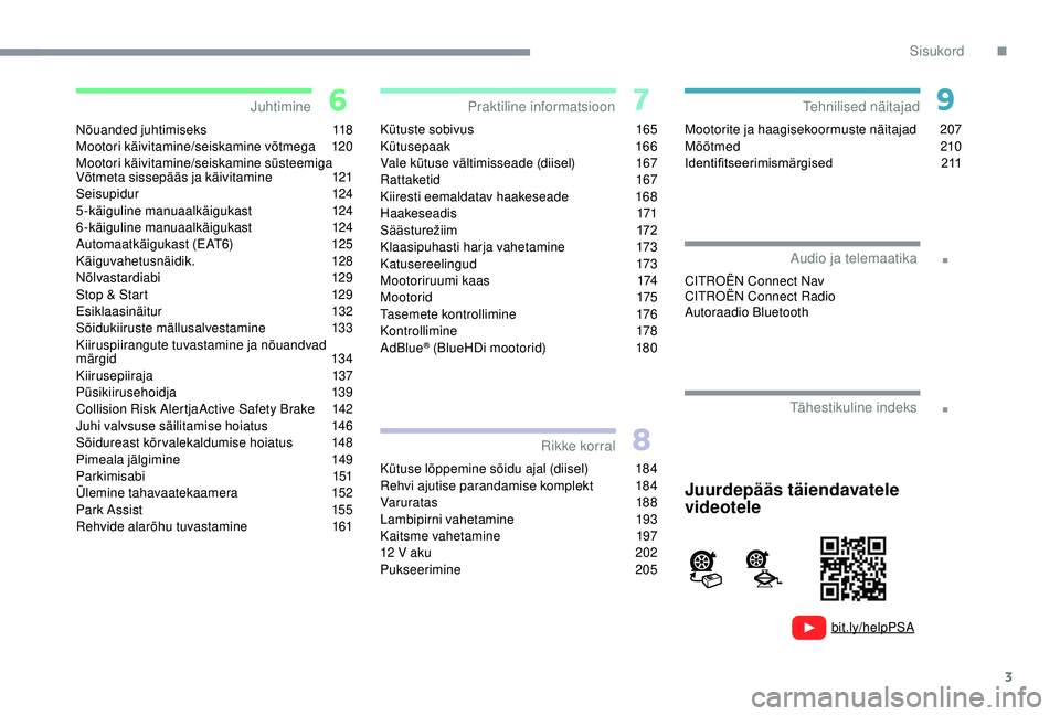 CITROEN C3 AIRCROSS 2019  Kasutusjuhend (in Estonian) 3
.
.
bit.ly/helpPSA
Nõuanded juhtimiseks 118
Mootori käivitamine/seiskamine võtmega 1 20
Mootori käivitamine/seiskamine süsteemiga 
Võtmeta sissepääs ja käivitamine
 
1
 21
Seisupidur
 

124