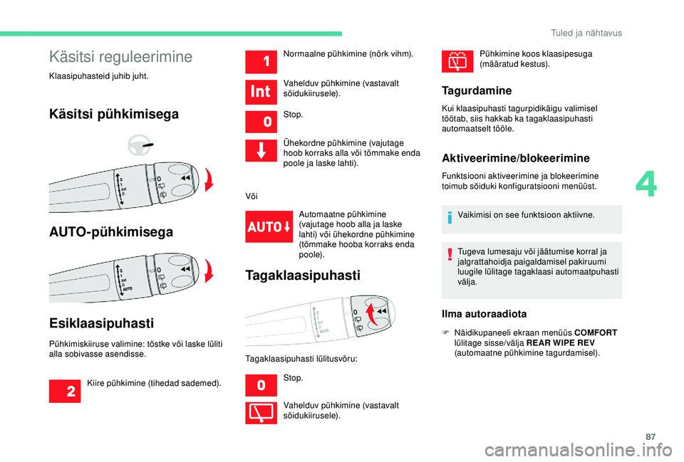 CITROEN C3 AIRCROSS 2019 Kasutusjuhend (in Estonian) 87
Käsitsi reguleerimine
Klaasipuhasteid juhib juht.
Käsitsi pühkimisega
AUTO-pühkimisega
Esiklaasipuhasti
Pühkimiskiiruse valimine: tõstke või laske lüliti
alla sobivasse asendisse.Normaalne CITROEN C3 AIRCROSS 2019 Kasutusjuhend (in Estonian) 87
Käsitsi reguleerimine
Klaasipuhasteid juhib juht.
Käsitsi pühkimisega
AUTO-pühkimisega
Esiklaasipuhasti
Pühkimiskiiruse valimine: tõstke või laske lüliti
alla sobivasse asendisse.Normaalne