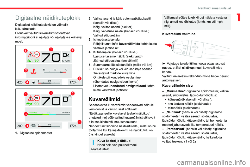 CITROEN C4 2021  Kasutusjuhend (in Estonian) 9
Näidikud armatuurlaual
1Digitaalne näidikuteplokk
Digitaalset näidikuteplokki on võimalik 
isikupärastada.
Olenevalt valitud kuvarežiimist teatavat 
informatsiooni ei näidata või näidatakse