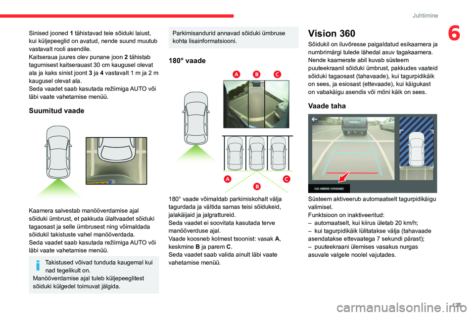 CITROEN C4 2021 Kasutusjuhend (in Estonian) 125
Juhtimine
6Sinised jooned 1 tähistavad teie sõiduki laiust,
kui küljepeeglid on avatud, nende suund muutub
vastavalt rooli asendile.
Kaitseraua juures olev punane joon 2 tähistab
tagumises CITROEN C4 2021 Kasutusjuhend (in Estonian) 125
Juhtimine
6Sinised jooned 1 tähistavad teie sõiduki laiust,
kui küljepeeglid on avatud, nende suund muutub
vastavalt rooli asendile.
Kaitseraua juures olev punane joon 2 tähistab
tagumises