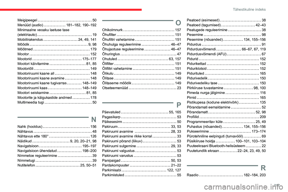 CITROEN C4 2021 Kasutusjuhend (in Estonian) 217
Tähestikuline indeks
Meigipeegel 50
Menüüd (audio)
181–182, 190–192
Minimaalne veoaku laetuse tase
(elektriauto)
19
Mobiilirakendus
24, 49, 141
Mõõdik
9, 98
Mõ CITROEN C4 2021 Kasutusjuhend (in Estonian) 217
Tähestikuline indeks
Meigipeegel 50
Menüüd (audio)
181–182, 190–192
Minimaalne veoaku laetuse tase
(elektriauto)
19
Mobiilirakendus
24, 49, 141
Mõõdik
9, 98
Mõ