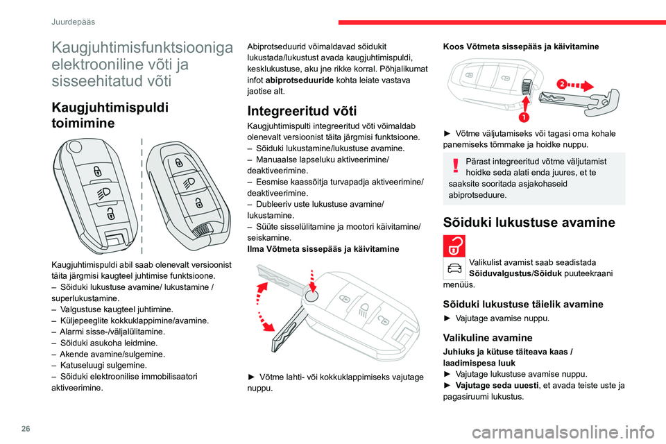CITROEN C4 2021  Kasutusjuhend (in Estonian) 26
Juurdepääs 
Kaugjuhtimisfunktsiooniga 
elektrooniline võti ja 
sisseehitatud võti
Kaugjuhtimispuldi 
toimimine
 
 
Kaugjuhtimispuldi abil saab olenevalt versioonist 
täita järgmisi kaugteel j