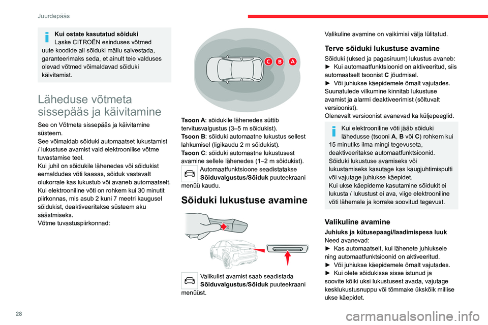 CITROEN C4 2021  Kasutusjuhend (in Estonian) 28
Juurdepääs 
Kui ostate kasutatud sõiduki
Laske CITROËN esinduses võtmed 
uute koodide all sõiduki mällu salvestada, 
garanteerimaks seda, et ainult teie valduses 
olevad võtmed võimaldavad
