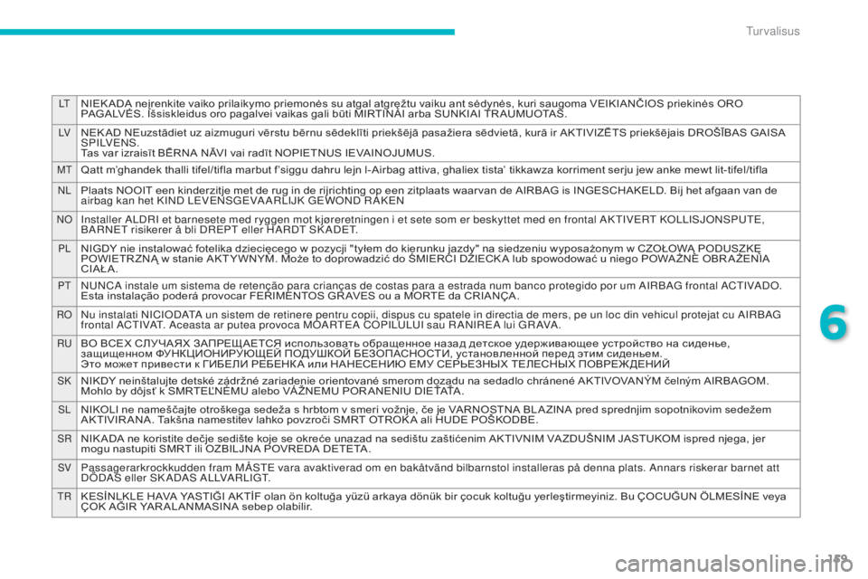 CITROEN C4 AIRCROSS 2016 Kasutusjuhend (in Estonian) 159
LtNIEK ADA neįrenkite vaiko prilaikymo priemonės su atgal atgręžtu vaiku ant sėdynės, kuri saugoma VEIKIANČIOS priekinės ORO
PAGALVĖS. Išsiskleidus oro pagalvei vaikas gali būti MIRTIN CITROEN C4 AIRCROSS 2016 Kasutusjuhend (in Estonian) 159
LtNIEK ADA neįrenkite vaiko prilaikymo priemonės su atgal atgręžtu vaiku ant sėdynės, kuri saugoma VEIKIANČIOS priekinės ORO
PAGALVĖS. Išsiskleidus oro pagalvei vaikas gali būti MIRTIN