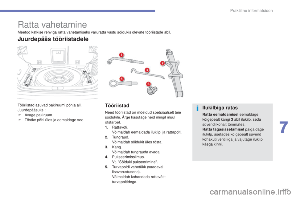 CITROEN C4 AIRCROSS 2016  Kasutusjuhend (in Estonian) 175
Praktiline informatsioon
C4-Aircross_et_Chap07_info-pratiques_ed01-2014
ratta vahetamine
tööriistad asuvad pakiruumi põhja all.juurdepääsuks :
F
 
A
 vage pakiruum.
F
  t
õ
 stke põhi üles