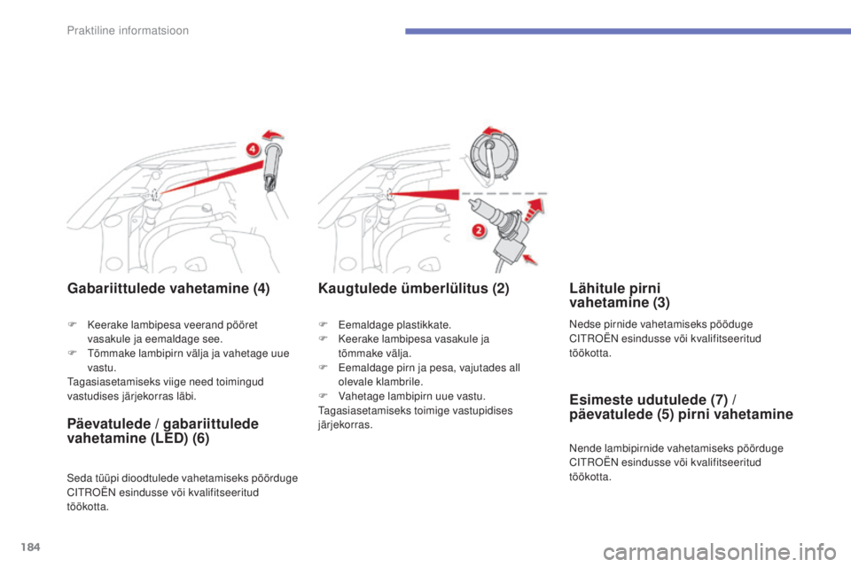 CITROEN C4 AIRCROSS 2016 Kasutusjuhend (in Estonian) 184
C4-Aircross_et_Chap07_info-pratiques_ed01-2014
Gabariittulede vahetamine (4)
F Eemaldage plastikkate.
F K eerake lambipesa vasakule ja
tõmmake
välja.
F
E
emaldage pirn ja pesa, vajutades CITROEN C4 AIRCROSS 2016 Kasutusjuhend (in Estonian) 184
C4-Aircross_et_Chap07_info-pratiques_ed01-2014
Gabariittulede vahetamine (4)
F Eemaldage plastikkate.
F K eerake lambipesa vasakule ja
tõmmake
välja.
F
E
emaldage pirn ja pesa, vajutades