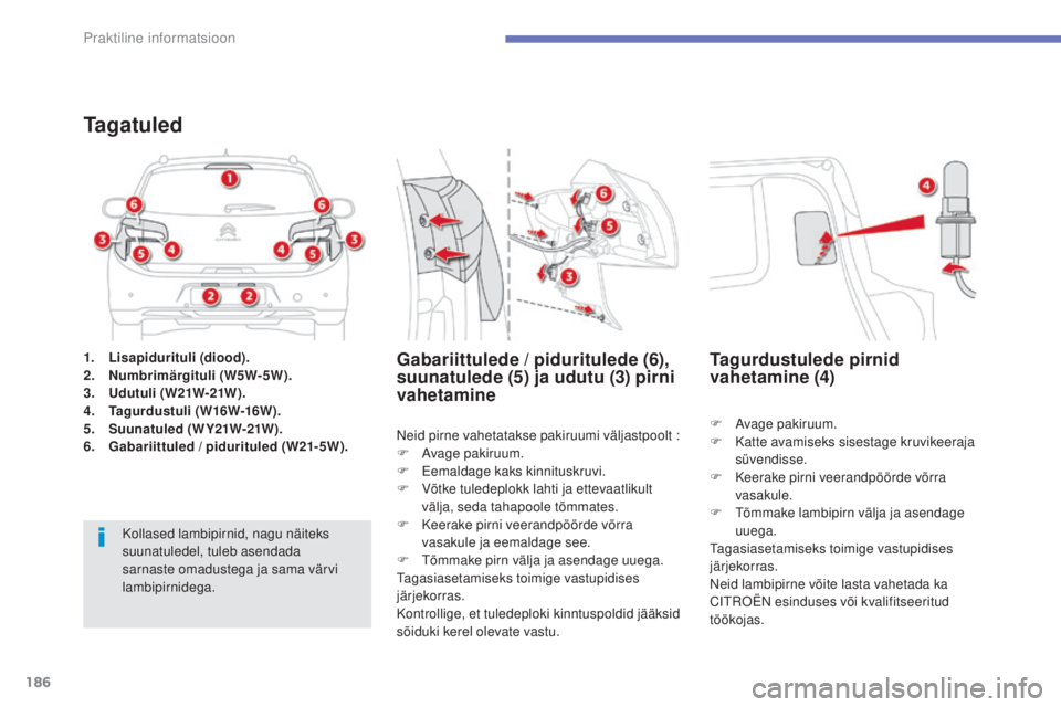 CITROEN C4 AIRCROSS 2016 Kasutusjuhend (in Estonian) 186
C4-Aircross_et_Chap07_info-pratiques_ed01-2014
1. Lisapidurituli (diood).
2. Numbrimärgituli (W5W-5W).
3.
U
dutuli ( W21W-21W ).
4.
T
agurdustuli (W16W-16W).
5.
Su
unatuled (WY21W-21W).
6.
CITROEN C4 AIRCROSS 2016 Kasutusjuhend (in Estonian) 186
C4-Aircross_et_Chap07_info-pratiques_ed01-2014
1. Lisapidurituli (diood).
2. Numbrimärgituli (W5W-5W).
3.
U
dutuli ( W21W-21W ).
4.
T
agurdustuli (W16W-16W).
5.
Su
unatuled (WY21W-21W).
6.