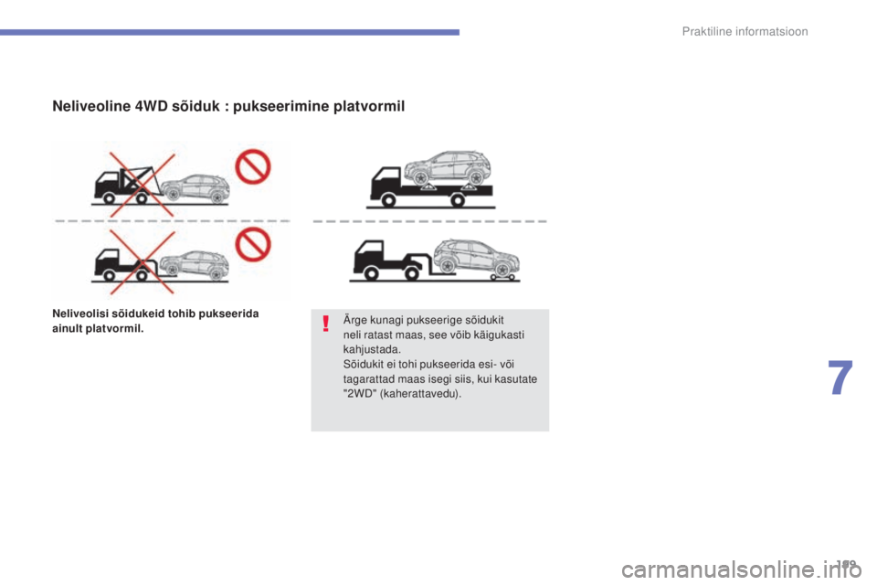 CITROEN C4 AIRCROSS 2016  Kasutusjuhend (in Estonian) 199
Praktiline informatsioon
C4-Aircross_et_Chap07_info-pratiques_ed01-2014
Neliveolisi sõidukeid tohib pukseerida 
ainult platvormil.ärge kunagi pukseerige sõidukit 
neli ratast maas, see võib k�