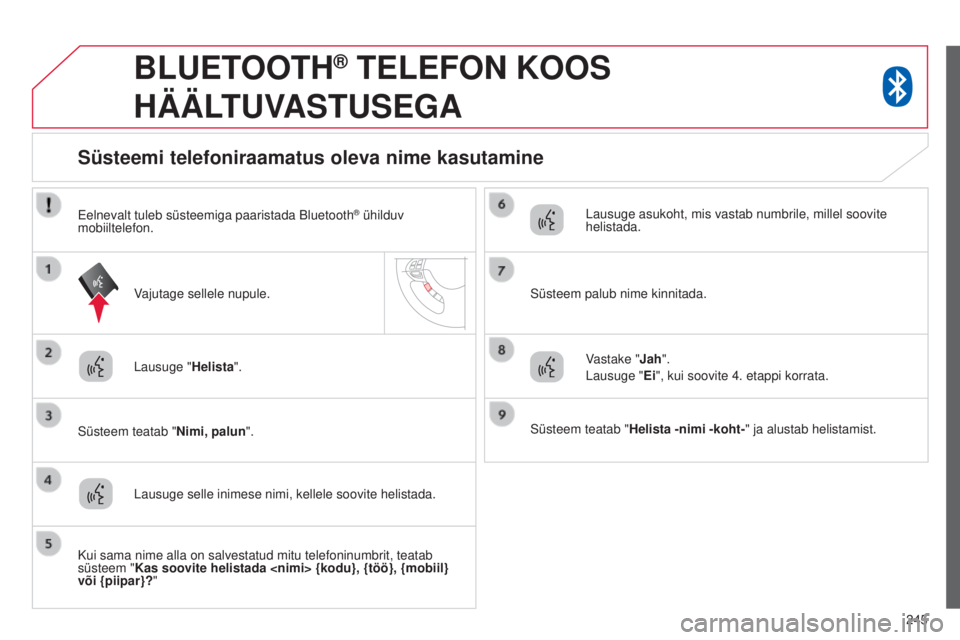 CITROEN C4 AIRCROSS 2016 Kasutusjuhend (in Estonian) 245
BLUETOOTH® TELEFON KOOS
HÄÄL
TUVASTUSEGA
Lausuge " Helista".
s
üsteem teatab "Nimi, palun ".
Süsteemi telefoniraamatus oleva nime kasutamine
Lausuge selle inimese nimi, kel CITROEN C4 AIRCROSS 2016 Kasutusjuhend (in Estonian) 245
BLUETOOTH® TELEFON KOOS
HÄÄL
TUVASTUSEGA
Lausuge " Helista".
s
üsteem teatab "Nimi, palun ".
Süsteemi telefoniraamatus oleva nime kasutamine
Lausuge selle inimese nimi, kel