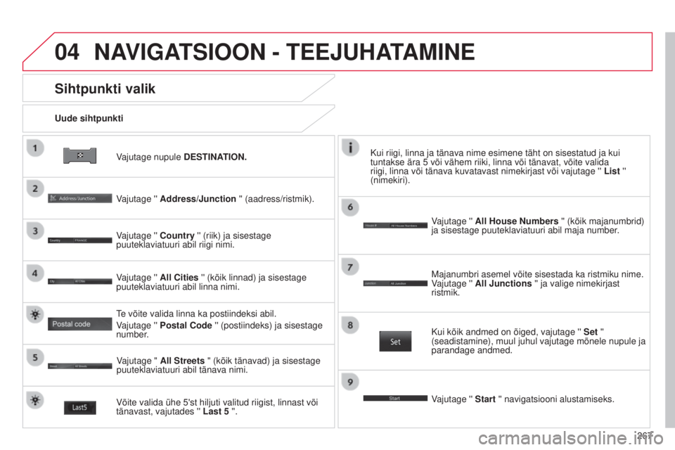 CITROEN C4 AIRCROSS 2016 Kasutusjuhend (in Estonian) 04
267
C4-Aircross_et_Chap10b_mitsu6_ed01-2014
Vajutage nupule DESTINATION.
Uude sihtpunkti
Sihtpunkti valik
Vajutage '' Address/Junction '' (aadress/ristmik).
Vajutage '' Coun CITROEN C4 AIRCROSS 2016 Kasutusjuhend (in Estonian) 04
267
C4-Aircross_et_Chap10b_mitsu6_ed01-2014
Vajutage nupule DESTINATION.
Uude sihtpunkti
Sihtpunkti valik
Vajutage '' Address/Junction '' (aadress/ristmik).
Vajutage '' Coun