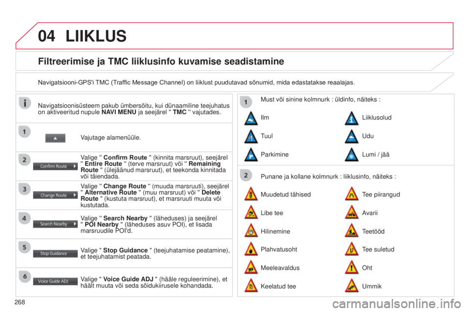 CITROEN C4 AIRCROSS 2016 Kasutusjuhend (in Estonian) 04
268
C4-Aircross_et_Chap10b_mitsu6_ed01-2014
Filtreerimise ja TMC liiklusinfo kuvamise seadistamine
Navigatsiooni-GPS'i TMC (Traffic Message Channel) on liiklust puudutavad sõnumid, mida edasta CITROEN C4 AIRCROSS 2016 Kasutusjuhend (in Estonian) 04
268
C4-Aircross_et_Chap10b_mitsu6_ed01-2014
Filtreerimise ja TMC liiklusinfo kuvamise seadistamine
Navigatsiooni-GPS'i TMC (Traffic Message Channel) on liiklust puudutavad sõnumid, mida edasta