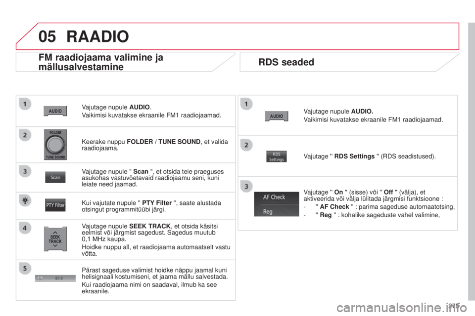 CITROEN C4 AIRCROSS 2016  Kasutusjuhend (in Estonian) 05
275
C4-Aircross_et_Chap10b_mitsu6_ed01-2014
Vajutage nupule AUDIO.
Vaikimisi kuvatakse ekraanile F m 1   raadiojaamad.
FM raadiojaama valimine ja 
mällusalvestamine
Vajutage nupule SEEK TRACK, et 