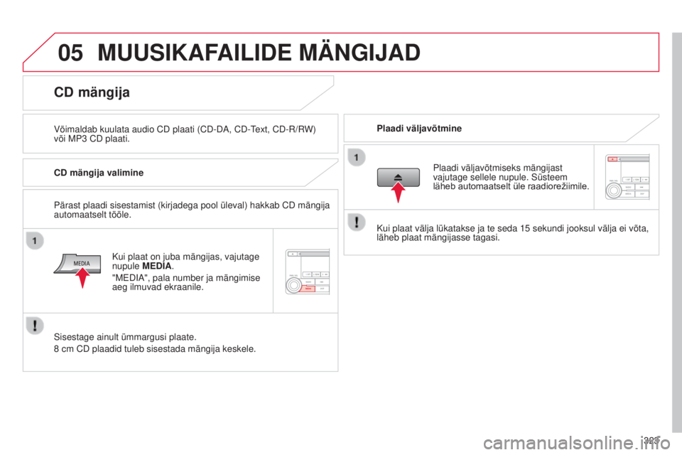 CITROEN C4 AIRCROSS 2016 Kasutusjuhend (in Estonian) 05
323
C4-Aircross_et_Chap10d_mitsu4_ed01-2014
MUUSIKAFAILIDE MÄNGIJAD
Võimaldab kuulata audio CD plaati (CD-DA, CD-text, CD-r / rW)
või m P3 CD plaati. Plaadi väljavõtmine
CD mängija
CD mä CITROEN C4 AIRCROSS 2016 Kasutusjuhend (in Estonian) 05
323
C4-Aircross_et_Chap10d_mitsu4_ed01-2014
MUUSIKAFAILIDE MÄNGIJAD
Võimaldab kuulata audio CD plaati (CD-DA, CD-text, CD-r / rW)
või m P3 CD plaati. Plaadi väljavõtmine
CD mängija
CD mä