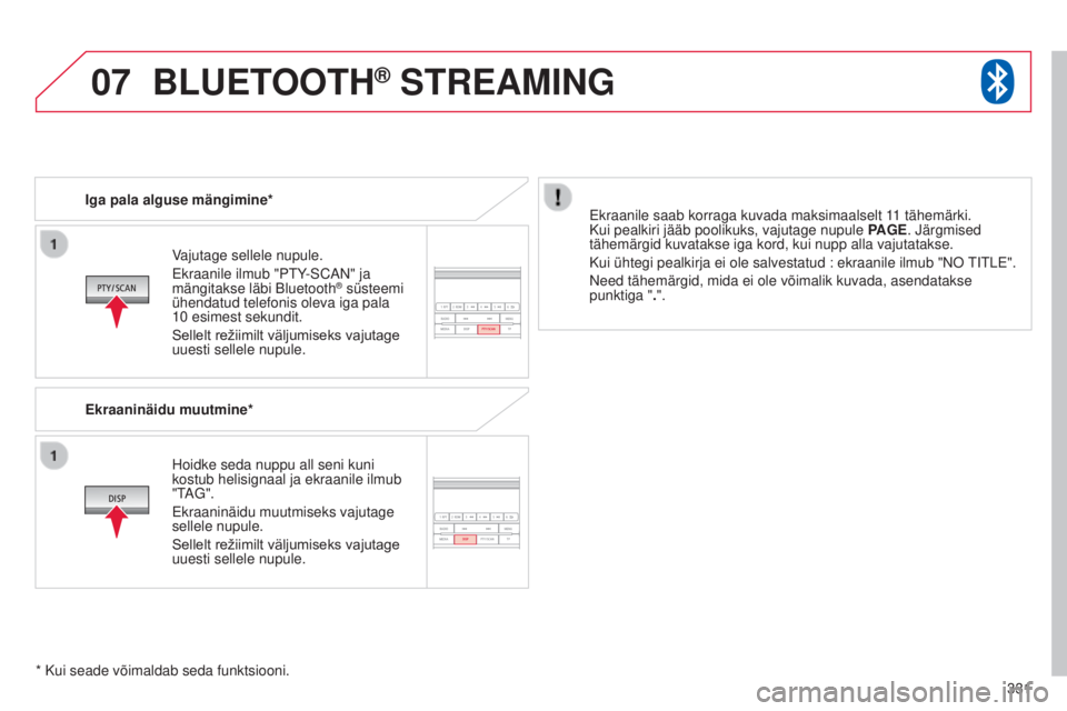 CITROEN C4 AIRCROSS 2016 Kasutusjuhend (in Estonian) 07
331
C4-Aircross_et_Chap10d_mitsu4_ed01-2014
Vajutage sellele nupule.
Ekraanile ilmub "Pt Y- s CAN" ja
mängitakse läbi Bluetooth
® süsteemi
ühendatud telefonis oleva iga pala
10
es CITROEN C4 AIRCROSS 2016 Kasutusjuhend (in Estonian) 07
331
C4-Aircross_et_Chap10d_mitsu4_ed01-2014
Vajutage sellele nupule.
Ekraanile ilmub "Pt Y- s CAN" ja
mängitakse läbi Bluetooth
® süsteemi
ühendatud telefonis oleva iga pala
10
es