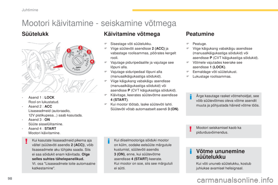 CITROEN C4 AIRCROSS 2016  Kasutusjuhend (in Estonian) 98
C4-Aircross_et_Chap04_conduite_ed01-2014
mootori käivitamine - seiskamine võtmega
- Asend 1  : LOCK  
ro ol on lukustatud.
-
 
A
 send 2   : ACC 
 L

isaseadmeid (autoraadio, 
12V
 

pistikupesa.
