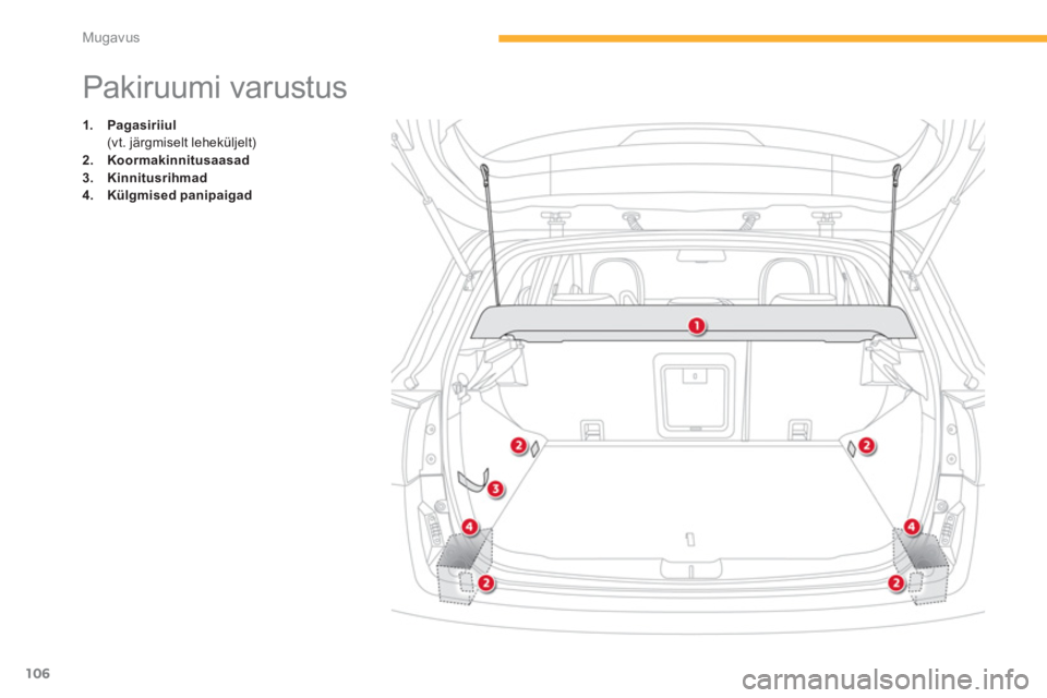 CITROEN C4 AIRCROSS 2014  Kasutusjuhend (in Estonian) 106
Mugavus
   
 
 
 
 
 
 
 
 
 
 
 
 
 
Pakiruumi varustus 
 
 
 
1. 
  Pagasiriiul 
   
  (vt. järgmiselt leheküljelt) 
   
2. 
  Koormakinnitusaasad 
 
   
3. 
  Kinnitusrihmad 
 
   
4. 
  Kül