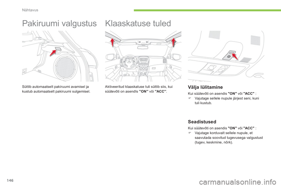 CITROEN C4 AIRCROSS 2014  Kasutusjuhend (in Estonian) 146
Nähtavus
   
 
 
 
 
Pakiruumi valgustus 
 
Süttib automaatselt pakiruumi avamisel ja 
kustub automaatselt pakiruumi sulgemisel. 
   
 
 
 
 
Klaaskatuse tuled  
 
 
Aktiveeritud klaaskatuse tul