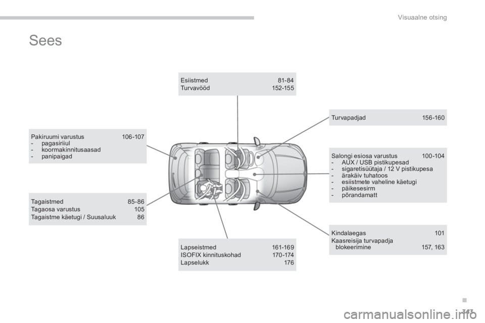 CITROEN C4 AIRCROSS 2014 Kasutusjuhend (in Estonian) .
343
Visuaalne otsing
Sees
Pakiruumi varustus 106-107
- pagasiriiul
- koormakinnitusaasad
- panipaigad
Lapseistmed 161-169
ISOFIX kinnituskohad 170 -174
La CITROEN C4 AIRCROSS 2014 Kasutusjuhend (in Estonian) .
343
Visuaalne otsing
Sees
Pakiruumi varustus 106-107
- pagasiriiul
- koormakinnitusaasad
- panipaigad
Lapseistmed 161-169
ISOFIX kinnituskohad 170 -174
La