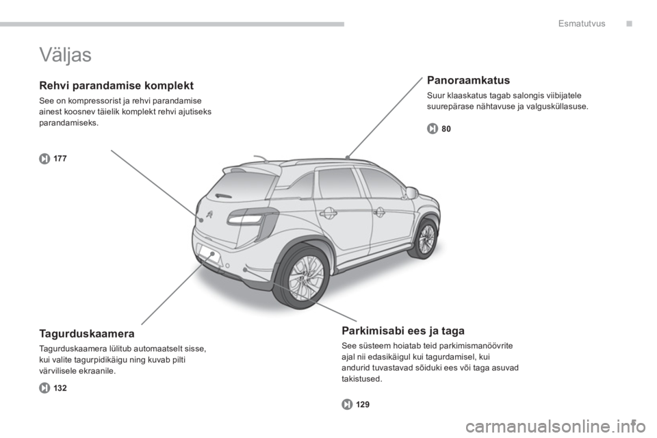 CITROEN C4 AIRCROSS 2014 Kasutusjuhend (in Estonian) .
5
Esmatutvus
Rehvi parandamise komplekt
See on kompressorist ja rehvi parandamise
ainest koosnev täielik komplekt rehvi ajutiseks
parandamiseks.
17 7
Panoraamkatus
Suur klaaskatus CITROEN C4 AIRCROSS 2014 Kasutusjuhend (in Estonian) .
5
Esmatutvus
Rehvi parandamise komplekt
See on kompressorist ja rehvi parandamise
ainest koosnev täielik komplekt rehvi ajutiseks
parandamiseks.
17 7
Panoraamkatus
Suur klaaskatus