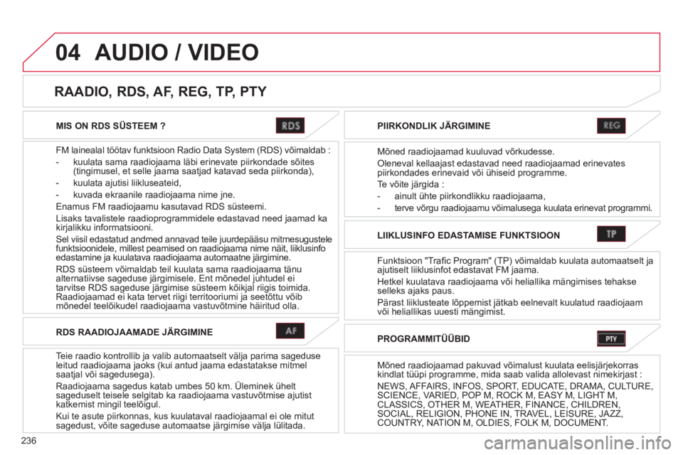 CITROEN C4 AIRCROSS 2013 Kasutusjuhend (in Estonian) 236
04
MIS ON RDS SÜSTEEM ?
FM lainealal töötav funktsioon Radio Data S
ystem (RDS) võimaldab :
- kuulata sama raadio
jaama läbi erinevate piirkondade sõites(tingimusel, et selle jaama saatj CITROEN C4 AIRCROSS 2013 Kasutusjuhend (in Estonian) 236
04
MIS ON RDS SÜSTEEM ?
FM lainealal töötav funktsioon Radio Data S
ystem (RDS) võimaldab :
- kuulata sama raadio
jaama läbi erinevate piirkondade sõites(tingimusel, et selle jaama saatj