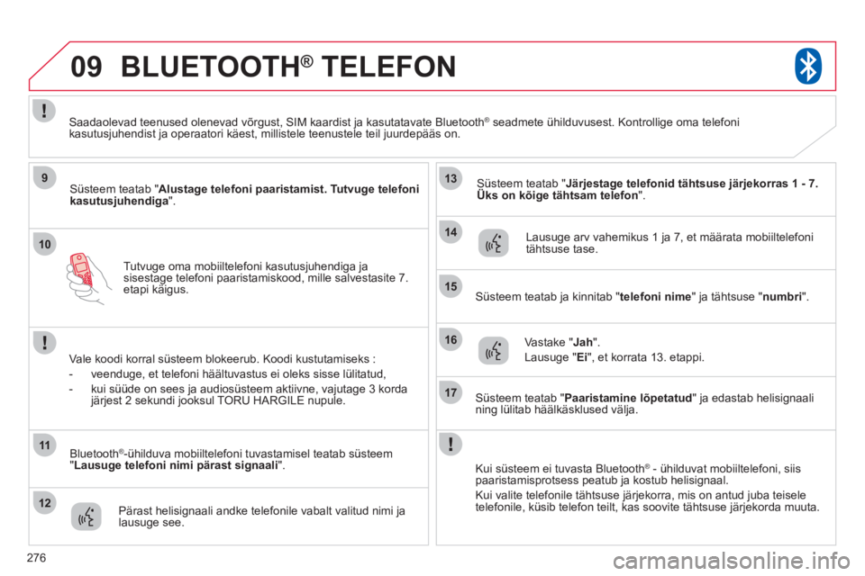 CITROEN C4 AIRCROSS 2013 Kasutusjuhend (in Estonian) 276
10
09
9
11
12
13
14
15
16
17
Tutvuge oma mobiiltelefoni kasutusjuhendiga ja
sisestage telefoni paaristamiskood, mille salvestasite 7.etapi käigus.
BLUETOOTH®
TELEFON®
Süsteem teatab " Alus CITROEN C4 AIRCROSS 2013 Kasutusjuhend (in Estonian) 276
10
09
9
11
12
13
14
15
16
17
Tutvuge oma mobiiltelefoni kasutusjuhendiga ja
sisestage telefoni paaristamiskood, mille salvestasite 7.etapi käigus.
BLUETOOTH®
TELEFON®
Süsteem teatab " Alus