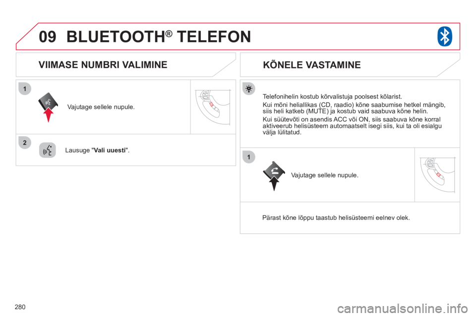 CITROEN C4 AIRCROSS 2013 Kasutusjuhend (in Estonian) 280
09
1
2
1
BLUETOOTH® TELEFON®
Telefonihelin kostub kõrvalistuja poolsest kõlarist.
Kui mõni heliallikas
(CD, raadio) kõne saabumise hetkel mängib,siis heli katkeb (MUTE) ja kostub v CITROEN C4 AIRCROSS 2013 Kasutusjuhend (in Estonian) 280
09
1
2
1
BLUETOOTH® TELEFON®
Telefonihelin kostub kõrvalistuja poolsest kõlarist.
Kui mõni heliallikas
(CD, raadio) kõne saabumise hetkel mängib,siis heli katkeb (MUTE) ja kostub v