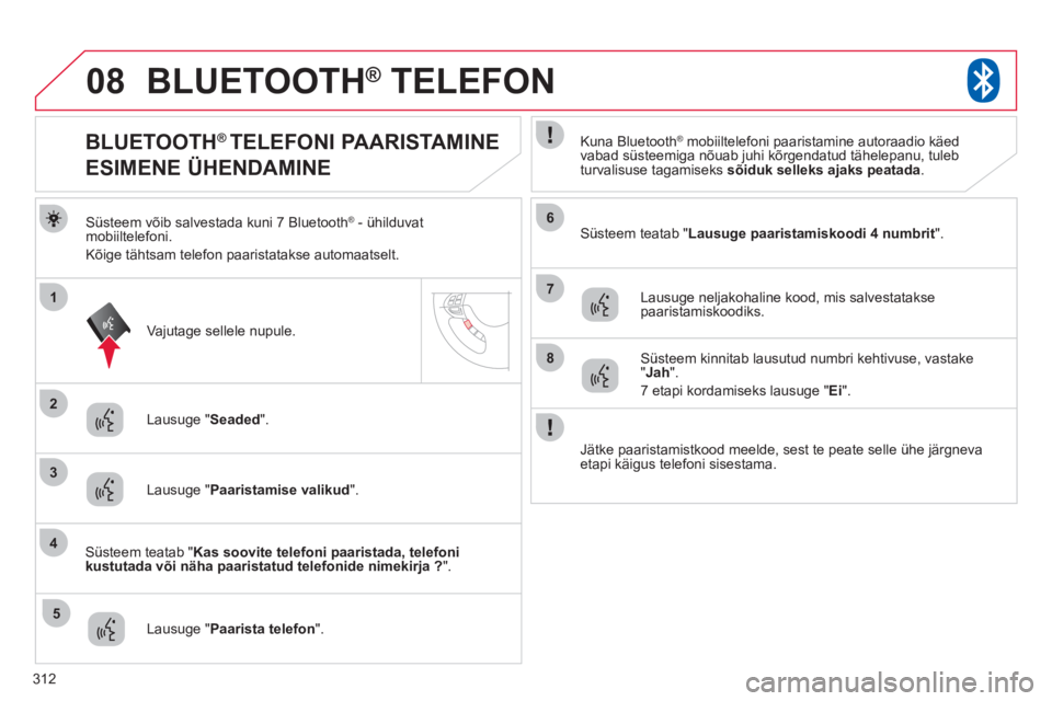 CITROEN C4 AIRCROSS 2013 Kasutusjuhend (in Estonian) 312
08
2
4
1
6
8
3
5
7
BLUETOOTH® TELEFON®
Süsteem võib salvestada kuni 7 Bluetooth ®- ühilduvat
mobiiltelefoni.
Kõige tähtsam tele
fon paaristatakse automaatselt.
Süsteem teatab "Laus CITROEN C4 AIRCROSS 2013 Kasutusjuhend (in Estonian) 312
08
2
4
1
6
8
3
5
7
BLUETOOTH® TELEFON®
Süsteem võib salvestada kuni 7 Bluetooth ®- ühilduvat
mobiiltelefoni.
Kõige tähtsam tele
fon paaristatakse automaatselt.
Süsteem teatab "Laus