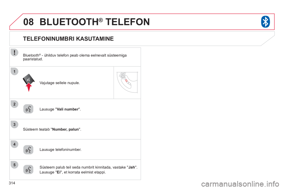 CITROEN C4 AIRCROSS 2013 Kasutusjuhend (in Estonian) 314
08
2
3
1
4
5
BLUETOOTH® TELEFON®
Lausuge Vali number. r
Süsteem teatab Number, palun
.
TELEFONINUMBRI KASUTAMINE
Lausuge telefoni CITROEN C4 AIRCROSS 2013 Kasutusjuhend (in Estonian) 314
08
2
3
1
4
5
BLUETOOTH® TELEFON®
Lausuge Vali number. r
Süsteem teatab Number, palun
.
TELEFONINUMBRI KASUTAMINE
Lausuge telefoni