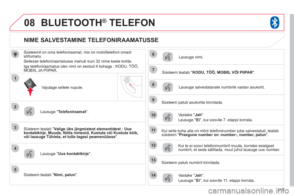 CITROEN C4 AIRCROSS 2013 Kasutusjuhend (in Estonian) 315
08
3
4
7
8
9
10
11
1
2
5
6
12
14
13
BLUETOOTH® TELEFON®
Süsteemil on oma telefoniraamat, mis on mobiiltelefoni omast sõltumatu.
Sellesse telefoniraamatusse mahub kuni 32 nime keele kohta.
I CITROEN C4 AIRCROSS 2013 Kasutusjuhend (in Estonian) 315
08
3
4
7
8
9
10
11
1
2
5
6
12
14
13
BLUETOOTH® TELEFON®
Süsteemil on oma telefoniraamat, mis on mobiiltelefoni omast sõltumatu.
Sellesse telefoniraamatusse mahub kuni 32 nime keele kohta.
I