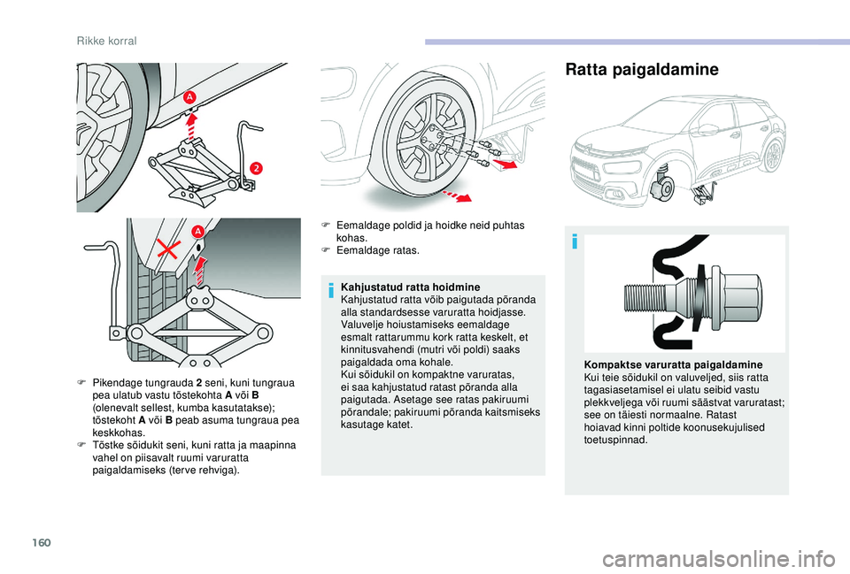 CITROEN C4 CACTUS 2019  Kasutusjuhend (in Estonian) 160
F Pikendage tungrauda 2 seni, kuni tungraua pea ulatub vastu tõstekohta A või B 
(olenevalt sellest, kumba kasutatakse); 
tõstekoht A või B peab asuma tungraua pea 
keskkohas.
F
 
T
 õstke s