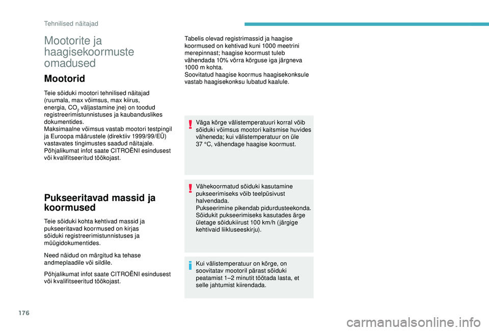 CITROEN C4 CACTUS 2019  Kasutusjuhend (in Estonian) 176
Mootorite ja 
haagisekoormuste 
omadused
Mootorid
Teie sõiduki mootori tehnilised näitajad 
(ruumala, max võimsus, max kiirus, 
energia, CO
2 väljastamine jne) on toodud 
registreerimistunnist