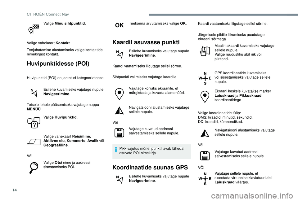 CITROEN C4 CACTUS 2019  Kasutusjuhend (in Estonian) 14
Valige Minu sihtpunktid.
Valige vahekaart Kontakt .
Teejuhatamise alustamiseks valige kontaktide 
nimekirjast kontakt.
Huvipunktidesse (POI)
Huvipunktid (POI) on jaotatud kategooriatesse.
Esilehe k