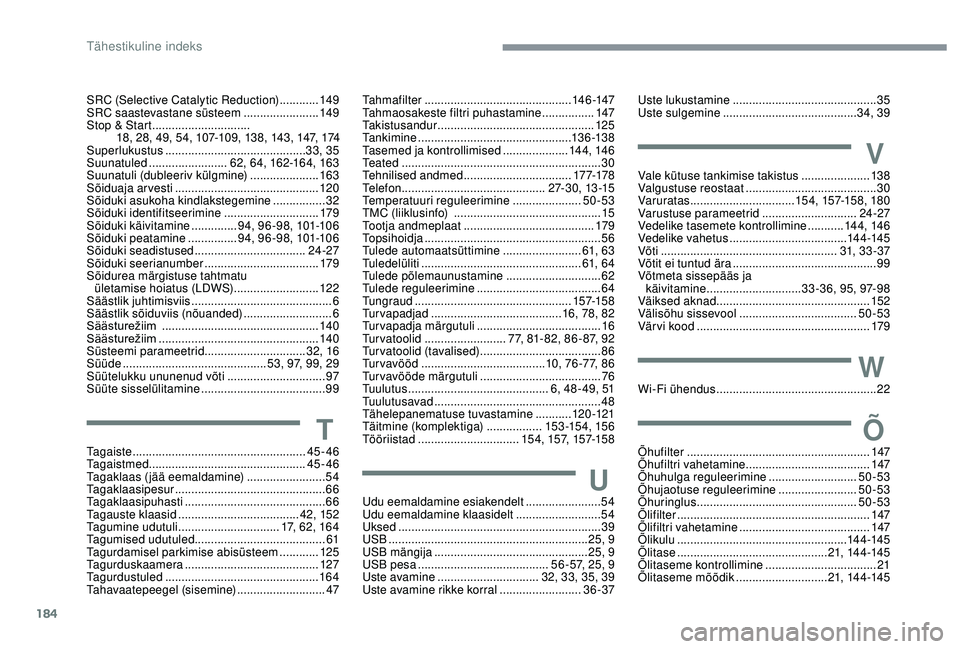 CITROEN C4 CACTUS 2019 Kasutusjuhend (in Estonian) 184
SRC (Selective Catalytic Reduction) ............149
SRC saastevastane süsteem .......................149
Stop & Start
..............................
18, 28, 49, 54, 107-109, 13 8, 143, 1 CITROEN C4 CACTUS 2019 Kasutusjuhend (in Estonian) 184
SRC (Selective Catalytic Reduction) ............149
SRC saastevastane süsteem .......................149
Stop & Start
..............................
18, 28, 49, 54, 107-109, 13 8, 143, 1