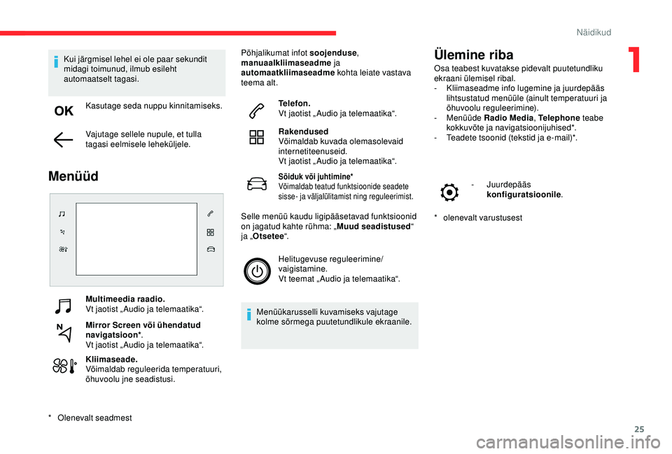 CITROEN C4 CACTUS 2019 Kasutusjuhend (in Estonian) 25
Multimeedia raadio.
Vt jaotist „ Audio ja telemaatika“.
Mirror Screen või ühendatud
navigatsioon*.
Vt jaotist „ Audio ja telemaatika“.
Kliimaseade.
Võimaldab reguleerida temperatuuri,
CITROEN C4 CACTUS 2019 Kasutusjuhend (in Estonian) 25
Multimeedia raadio.
Vt jaotist „ Audio ja telemaatika“.
Mirror Screen või ühendatud
navigatsioon*.
Vt jaotist „ Audio ja telemaatika“.
Kliimaseade.
Võimaldab reguleerida temperatuuri,