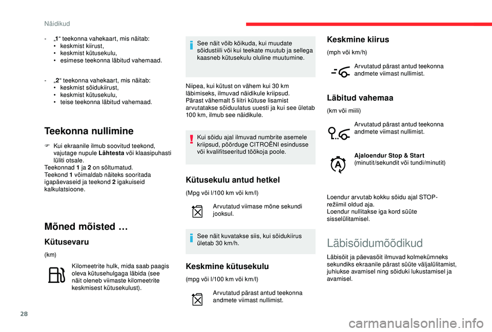 CITROEN C4 CACTUS 2019 Kasutusjuhend (in Estonian) 28
- „1 “ teekonna vahekaart, mis näitab:
• k eskmist kiirust,
•
k
eskmist kütusekulu,
•
e
simese teekonna läbitud vahemaad.
-
„2 “ teekonna vahekaart, mis näitab:
•
k
eskm CITROEN C4 CACTUS 2019 Kasutusjuhend (in Estonian) 28
- „1 “ teekonna vahekaart, mis näitab:
• k eskmist kiirust,
•
k
eskmist kütusekulu,
•
e
simese teekonna läbitud vahemaad.
-
„2 “ teekonna vahekaart, mis näitab:
•
k
eskm