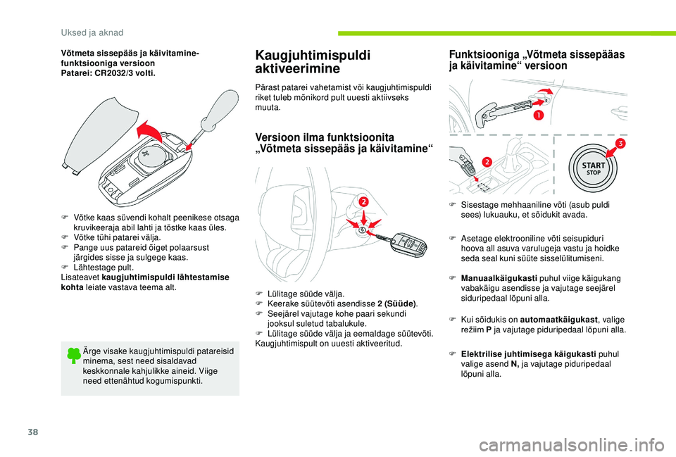 CITROEN C4 CACTUS 2019 Kasutusjuhend (in Estonian) 38
Võtmeta sissepääs ja käivitamine-
funktsiooniga versioon
Patarei: CR2032/3 volti.
F
V
õtke kaas süvendi kohalt peenikese otsaga
kruvikeeraja abil lahti ja tõstke kaas üles.
F
V
õtke CITROEN C4 CACTUS 2019 Kasutusjuhend (in Estonian) 38
Võtmeta sissepääs ja käivitamine-
funktsiooniga versioon
Patarei: CR2032/3 volti.
F
V
õtke kaas süvendi kohalt peenikese otsaga
kruvikeeraja abil lahti ja tõstke kaas üles.
F
V
õtke