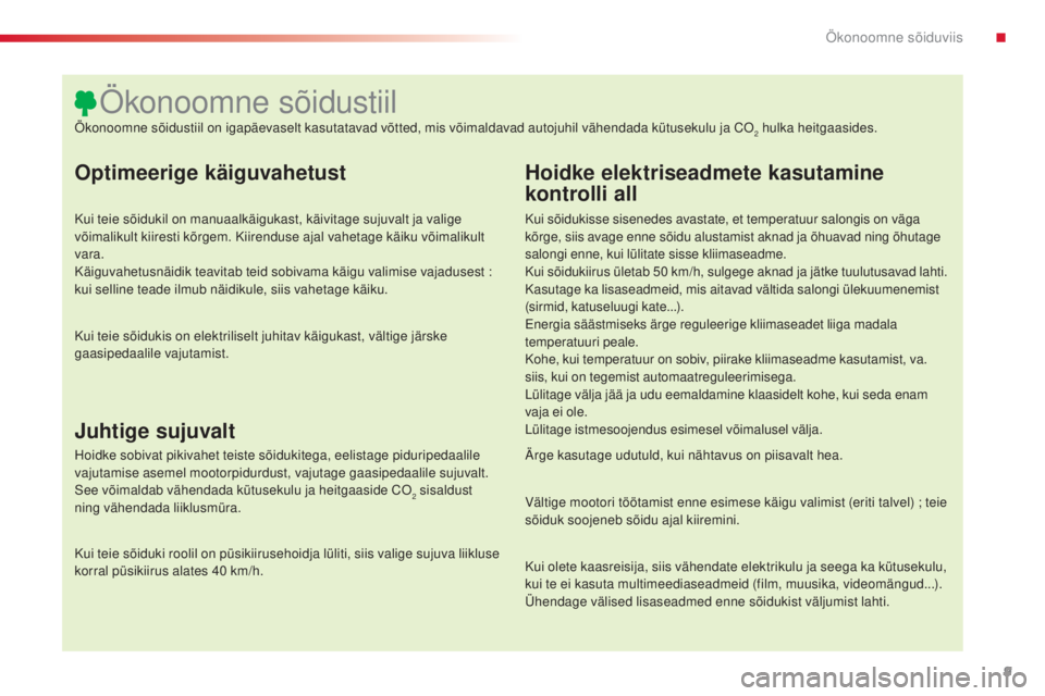 CITROEN C4 CACTUS 2018  Kasutusjuhend (in Estonian) 9
C4-cactus_et_Chap00c_eco-conduite_ed01-2016
Optimeerige käiguvahetust
Kui teie sõidukil on manuaalkäigukast, käivitage sujuvalt ja valige 
võimalikult kiiresti kõrgem. Kiirenduse ajal vahetage