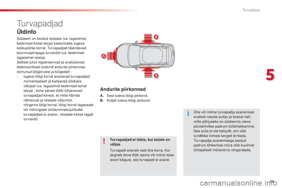 CITROEN C4 CACTUS 2018  Kasutusjuhend (in Estonian) 99
C4-cactus_et_Chap05_securite_ed01-2016
turvapadjad
Üldinfo
Süsteem on loodud reisijate (va. tagaistmel 
keskmisel kohal istuja) kaitsmiseks tugeva 
kokkupõrke korral. 
turva
padjad täiendavad 
