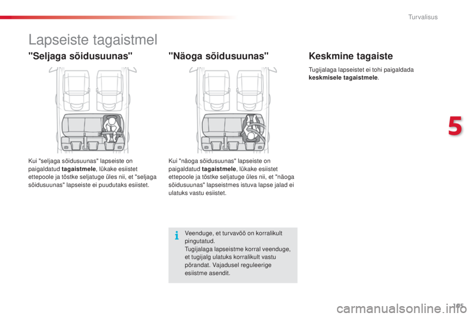 CITROEN C4 CACTUS 2018  Kasutusjuhend (in Estonian) 105
C4-cactus_et_Chap05_securite_ed01-2016
Lapseiste tagaistmel
"Seljaga sõidusuunas"
Kui "seljaga sõidusuunas" lapseiste on 
paigaldatud tagaistmele, lükake esiistet 
ettepoole ja 
