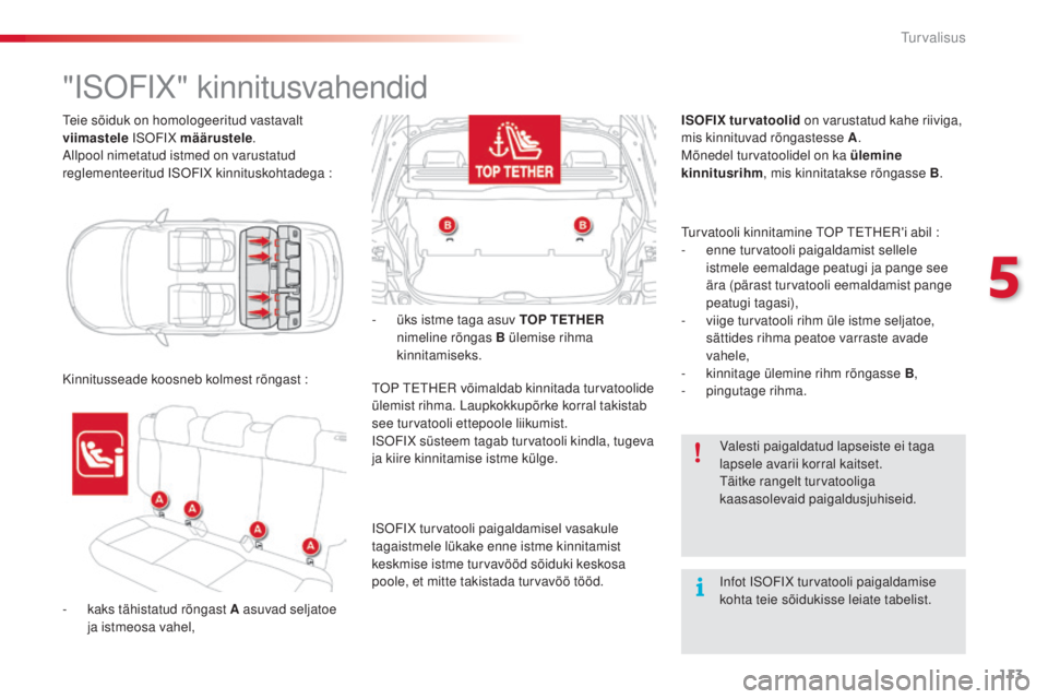 CITROEN C4 CACTUS 2018 Kasutusjuhend (in Estonian) 113
C4-cactus_et_Chap05_securite_ed01-2016
teie sõiduk on homologeeritud vastavalt
vi imastele iSoFiX mää
rustele.
Allpool nimetatud istmed on varustatud
reglementeeritud
iSoFiX kin
nituskohta CITROEN C4 CACTUS 2018 Kasutusjuhend (in Estonian) 113
C4-cactus_et_Chap05_securite_ed01-2016
teie sõiduk on homologeeritud vastavalt
vi imastele iSoFiX mää
rustele.
Allpool nimetatud istmed on varustatud
reglementeeritud
iSoFiX kin
nituskohta