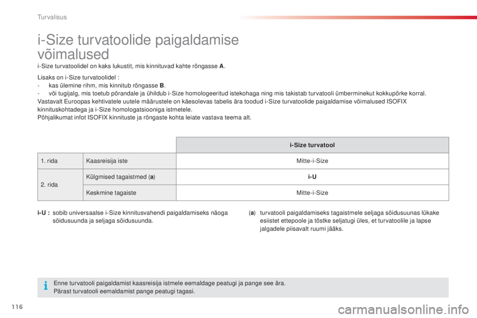 CITROEN C4 CACTUS 2018 Kasutusjuhend (in Estonian) 116
C4-cactus_et_Chap05_securite_ed01-2016
i-Size turvatoolide paigaldamise
võimalused
i-Size turvatoolidel on kaks lukustit, mis kinnituvad kahte rõngasse A.
i- U
: sob
ib universaalse i-Size k CITROEN C4 CACTUS 2018 Kasutusjuhend (in Estonian) 116
C4-cactus_et_Chap05_securite_ed01-2016
i-Size turvatoolide paigaldamise
võimalused
i-Size turvatoolidel on kaks lukustit, mis kinnituvad kahte rõngasse A.
i- U
: sob
ib universaalse i-Size k
