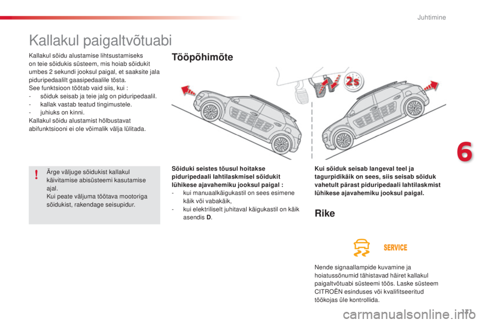 CITROEN C4 CACTUS 2018 Kasutusjuhend (in Estonian) 131
C4-cactus_et_Chap06_conduite_ed01-2016
Kallakul paigaltvõtuabi
Kallakul sõidu alustamise lihtsustamiseks
on teie sõidukis süsteem, mis hoiab sõidukit
umbes 2
se
kundi jooksul paigal, et sa CITROEN C4 CACTUS 2018 Kasutusjuhend (in Estonian) 131
C4-cactus_et_Chap06_conduite_ed01-2016
Kallakul paigaltvõtuabi
Kallakul sõidu alustamise lihtsustamiseks
on teie sõidukis süsteem, mis hoiab sõidukit
umbes 2
se
kundi jooksul paigal, et sa
