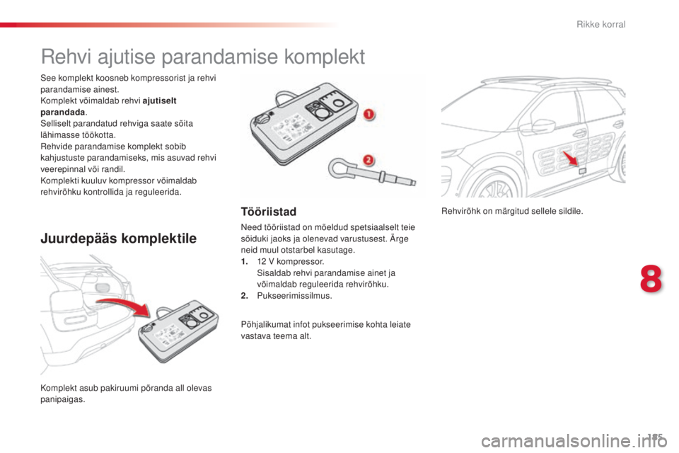CITROEN C4 CACTUS 2018  Kasutusjuhend (in Estonian) 185
C4-cactus_et_Chap08_En-cas-de-panne_ed01-2016
rehvirõhk on märgitud sellele sildile.
Ko
mplekt asub pakiruumi põranda all olevas 
panipaigas. See komplekt koosneb kompressorist ja rehvi 
parand