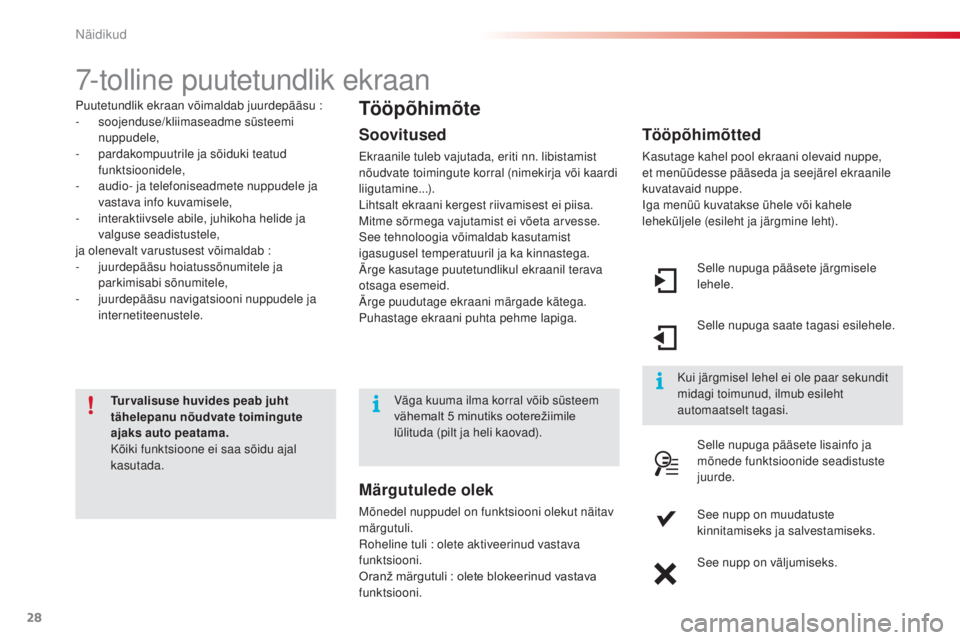 CITROEN C4 CACTUS 2018  Kasutusjuhend (in Estonian) 28
C4 - cactus_et _Chap01_instruments- de-bord_ed01-2016
7-tolline puutetundlik ekraan
Puutetundlik ekraan võimaldab juurdepääsu :
- soo jenduse/kliimaseadme süsteemi 
nuppudele,
-
 par

dakompuut